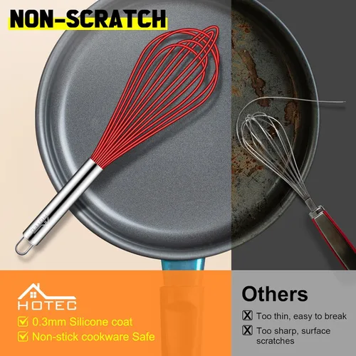 Vista 8 de HOTEC Juego de 4 batidores de silicona, batidores de globo de alambre para cocinar batidor de huevos, batidor de mango antideslizante