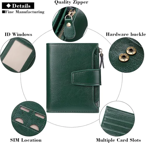 Vista 5 de FALAN MULE - Cartera de cuero auténtico para mujer, pequeña plegable , compacta, con interferencia de radiofrecuencia (RFID)