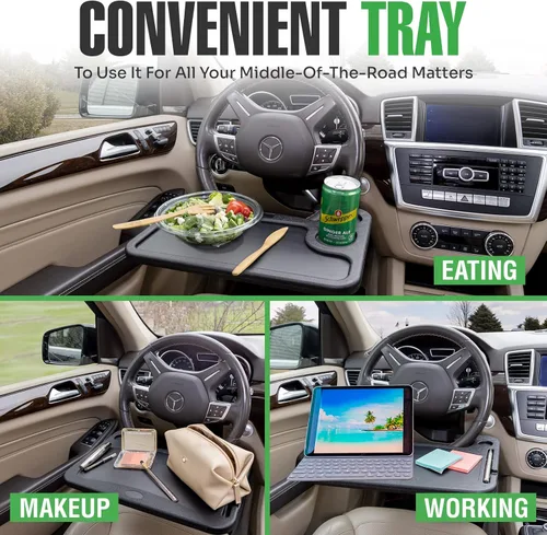 Vista 2 de lebogner Bandeja para volante, bandejas de comida para automóvil para comer, laptop, tableta, iPad o portátil, mesa de escritorio con gancho