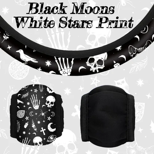 Vista 3 de Juego de 4 piezas de accesorios para auto con estampado de lunas negras y estrellas blancas, funda para volante con estampado de lunas negras