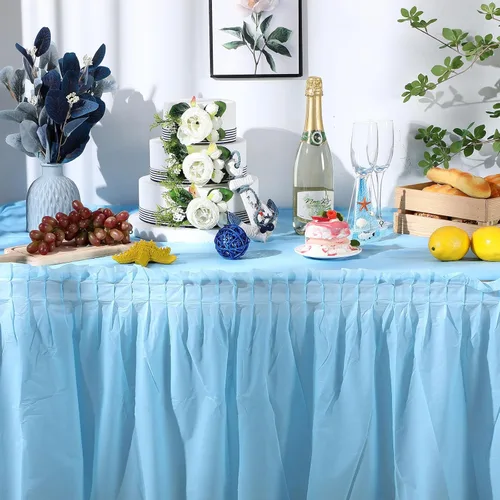 Vista 2 de Oudain 6 piezas de faldas de plástico y manteles a prueba de manchas de 54 x 108 pulgadas, mantel de plástico con volantes de 168 x 29 pulgadas