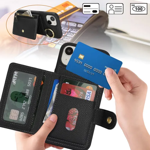 Vista 2 de Funda para iPhone 14 Plus con tarjetero, color negro Funda con cremallera y ranura para mujer y hombre
