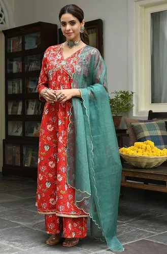 Vista 3 de Janasya Kurta con estampado floral de algodón rojo para mujer con Palazzo y Dupatta, Rojo