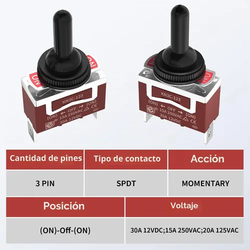 Vista 3 de RVBOATPAT Interruptor de palanca momentáneo de 12 voltios (ENCENDIDO)-Apagado-(ENCENDIDO) Interruptor de palanca impermeable de 3 vías 12V CC 30A