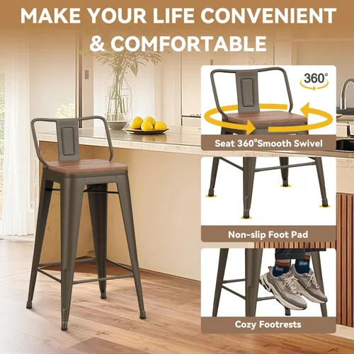 Vista 58 de Juego de 4 taburetes de bar giratorios de 26 pulgadas con respaldo, altura de mostrador, taburetes de bar industriales de metal para el hogar