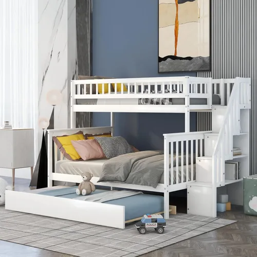 Vista 47 de Harper & Bright Designs Litera de tamaño matrimonial sobre matrimonial con 3 cajones, litera de madera maciza con almacenamiento y riel de Gris