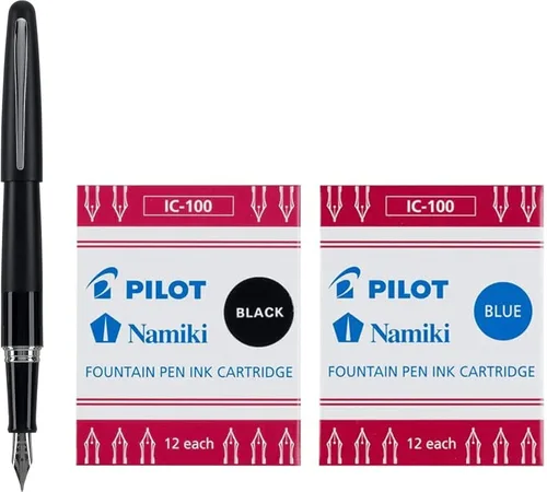 PILOT Metropolitan Collection - Pluma estilográfica, barril negro, diseño clásico, punta media, con 12 cartuchos de tinta negros y 12 azules