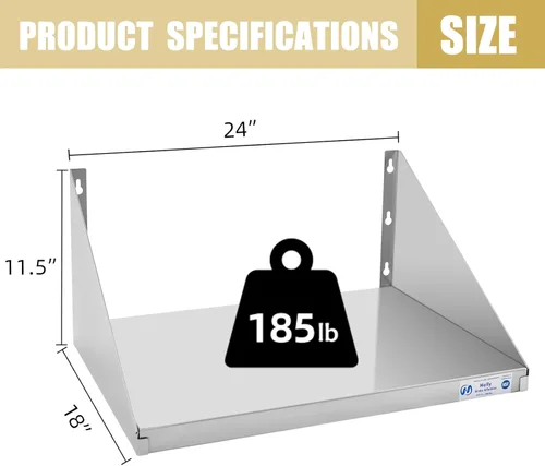 Vista 3 de Hally Estante de acero inoxidable para microondas, 18 x 24 pulgadas, 185 libras, NSF comercial de metal resistente para montaje en pared, estantería