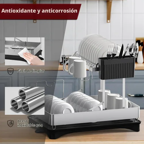 Vista 4 de Escurridor de platos, 2 niveles plegables de acero inoxidable para encimera de cocina, escurridor de platos grande multifuncional con boquilla