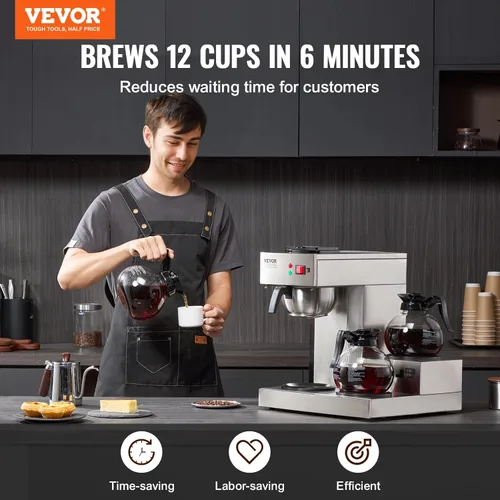Vista 2 de VEVOR Cafetera de Goteo Comercial de 12 Tazas, Máquina Cafetera con 3 Jarras de Vidrio y 3 Platos Calentadores, Cafetera de Acero Inoxidable
