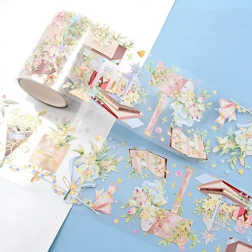 Vista 17 de Cinta washi de rosa para collage original de flores, creatividad, hecha a mano, para libro de diario, material PET con efecto láser (90395)