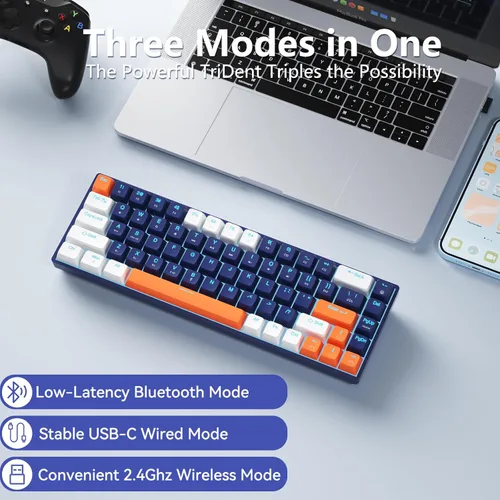 Vista 2 de XISOGUU Teclado mecánico inalámbrico 61%, modos BT5.02.4Gcableado, retroiluminado ultra compacto 68 teclas teclado para juegos con flecha