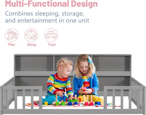 Vista 3 de Mirightone Cama de suelo de tamaño individual para niños, cama Montessori de madera con rieles de valla y estantes de almacenamiento, marco de cama