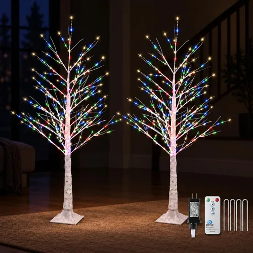 Vista 13 de Árbol de abedul iluminado de 7 pies, 1000 luces LED multicolor con luces parpadeantes, modos parpadeantes o constantes, alambre de alta densidad