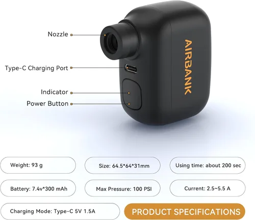 Vista 6 de AIRBANK Mini bomba de bicicleta POCKET SE, bomba de aire eléctrica de bicicleta de 100 PSI para bicicletas de carretera, bomba de bicicleta