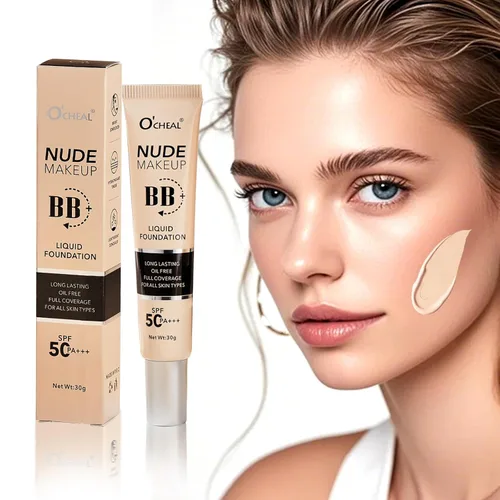 O'CHEAL BB Cream con SPF 50+ | Hidratante teñido de cobertura completa con base de polvo corrector construible, sin aceite, acabado hidratante y