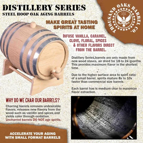 Vista 2 de Barril de envejecimiento de roble de 1 galón (Serie de destilería - aros de acero, sin barnizar) con soporte de madera, boung y espita - Barriles