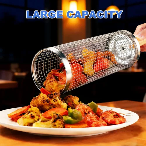 Vista 6 de Paquete de 2 cestas enrollables para parrilla, acero inoxidable 304 de alta calidad, asas de madera extraíbles, cestas de parrilla enrollables