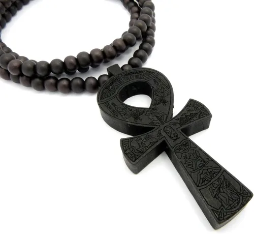 Vista 4 de Colgante de cruz egipcia Ankh 0.315 in 36" Collar de cuentas de madera en tono negro XJ224BK, Madera