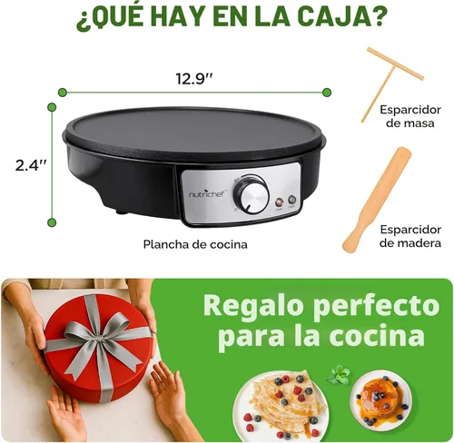 Vista 7 de NutriChef - Crepera eléctrica y plancha para parrilla de sobremesa - Placa caliente de aluminio antiadherente de 12 pulgadas con luces indicadoras