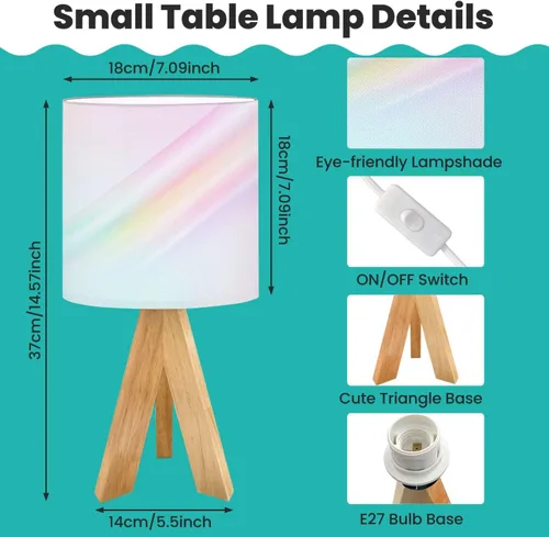 Vista 3 de Tripod Bedside Desk Table Lamp Minimal Fluid Gradient Blurred Wave Pastel Color Earth Tone Green Pink Wood Nightstand Lamp with Linen Fabric Shade