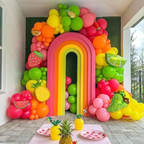 Vista 4 de Kit de arco de guirnalda de globos de frutas rosa, rojo, amarillo, verde, naranja, globos de aluminio con sandía, fresa, limón y naranja, globos