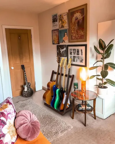 Vista 7 de STRICH SMT-10 - Soporte para guitarras múltiples guitarras, de madera dura para 5 bajo eléctrico o 3 guitarras acústicas, soporte acolchado