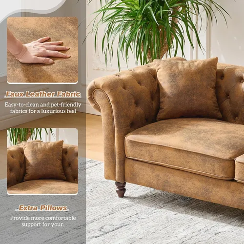 Vista 7 de Sofá Chesterfield de piel sintética de 66 pulgadas, cómodo sofá de dos plazas tapizado con reposabrazos enrollables y botón copetudo para sala