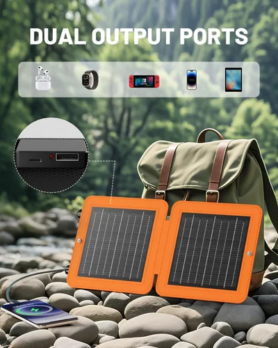 Vista 3 de SOLUPUP Paneles Solares, Cargador Solar Pequeño de 10W con USB-A de 5V y USB-C de Carga Rápida IPX5 Impermeable Plegable Panel Solar Portátil