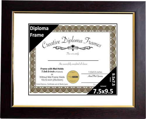 Vista 52 de Creative Picture Frames Marco de diploma de caoba de 7 x 9 pulgadas con borde dorado, incluye caballete de vidrio negro y ganchos de pared