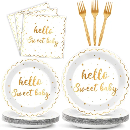 ZOIIWA 96 piezas de platos y servilletas para fiesta "Hello Sweet Baby" - Decoraciones de baby shower blancas y doradas, juego de vajilla desechable