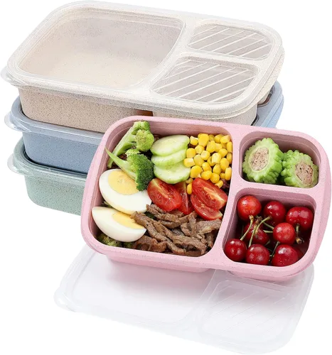 Vista 8 de buluker Juego de 4 Cajas de Almuerzo Bento de 3 Compartimentos de Paja de Trigo para Preparación de Comidas, Recipientes de Almacenamiento