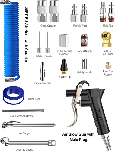 Vista 2 de SARDVISA 22 Paquetes de Accesorios para Compresor de Aire, Manguera de Aire de Poliuretano Reparable Mejorada de 25 Pies con Kit de Herramientas