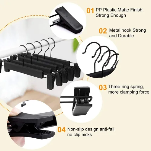 Vista 2 de Perchas para faldas, perchas para pantalones con clips, ganchos giratorios de 360 ° que ahorran espacio para pantalones, faldas, ropa, jeans Negro