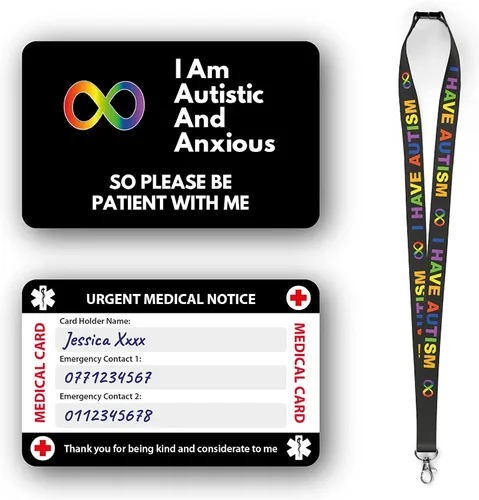 Tarjeta médica de concientización no verbal para autismo, autista, con panel para escribir y cordón con patrón de autismo con tarjetero impermeable