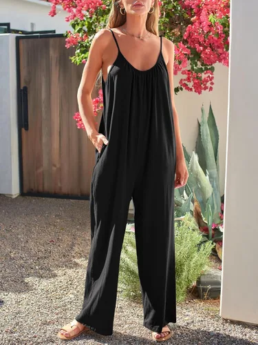 Vista 5 de AUTOMET Overol para mujer, holgado, casual, sin mangas, ajustable, tirantes delgados, elásticos, pierna ancha, con bolsillos