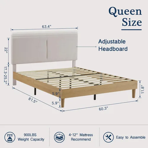 Vista 2 de VECELO Base de cama tamaño Queen tapizada con cabecera de algodón y lino ajustable en altura, listones de madera resistente, espacio debajo