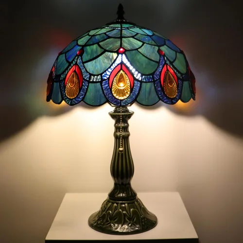 Vista 9 de Tiffany Lamp Stained Glass Table Lamps Sea Blue Peacock Tail Style Desk Lamp 12X12X18.5 Inch Bronze Ceramic Base Reading Light Suitable for Bedside