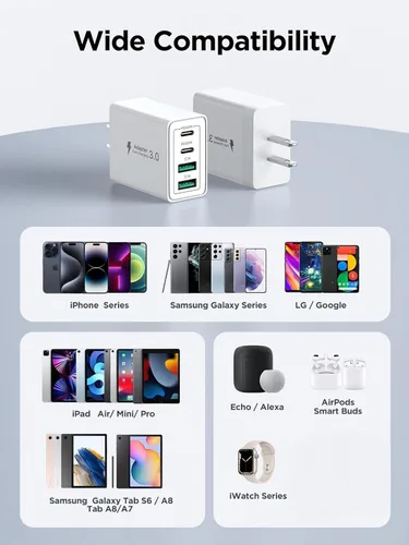 Vista 6 de [Paquete de 2] Bloque de cargador de pared USB C, 40 W, 4 puertos, cargador USB C súper rápido, adaptador de corriente PD de doble puerto, enchufe