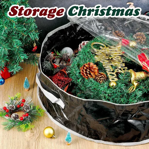 Vista 7 de Dunzy 8 Piezas Contenedor de Corona Bolsa de Almacenamiento de Corona de Navidad Guirnalda Tela Resistente a Desgarros Cajas Redondas con Ventana