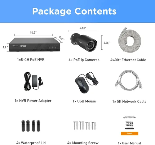 Vista 8 de Sistema de Cámaras de Seguridad 4K PANOOB PoE, 4X Cámaras IP PoE de 8MP con Cable para el Hogar con Micrófono, Detección de Humanos/Vehículos
