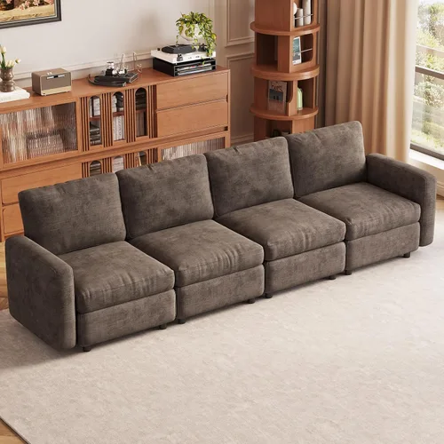 Vista 16 de Guyii Sofá modular de terciopelo, moderno sofá de 4 plazas de gran tamaño con 3 almohadas y reposapiés de almacenamiento, sofá convertible de 115.74