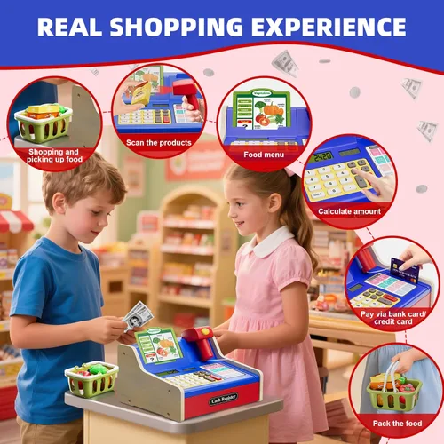 Vista 6 de HYES Caja registradora de madera para niños, supermercado de juego de simulación recargable y restaurante de comida rápida, caja registradora