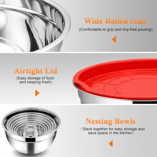 Vista 7 de TeamFar Juego de 7 cuencos para mezclar con tapas, de acero inoxidable, con 16 utensilios de cocina para preparar y servir, 7, 4.5, 3, 2.5, 1.5