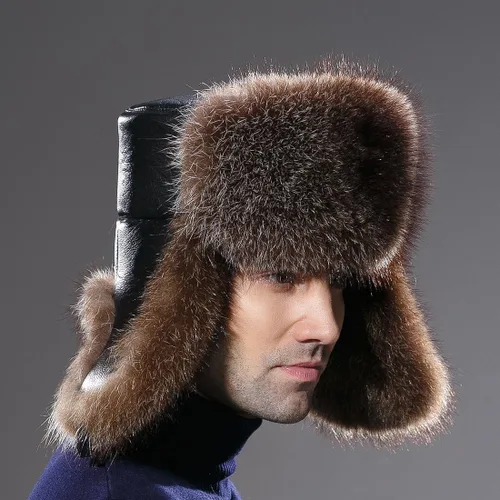 Vista 7 de URSFUR Sombrero de invierno para hombre, gorra de trampero ruso Ushanka de zorro real