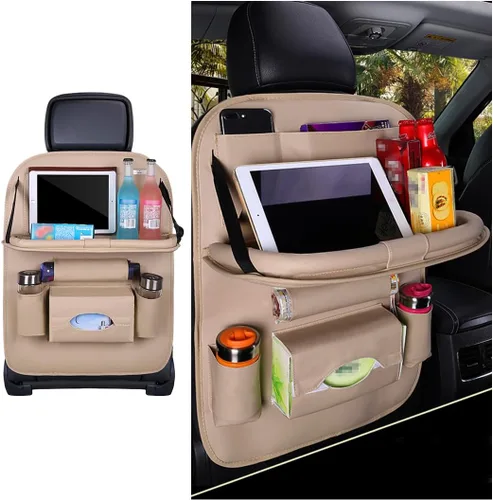Organizador de respaldo de asiento de automóvil, bolsillo de almacenamiento de respaldo de asiento de vehículo de cuero con bandeja de mesa