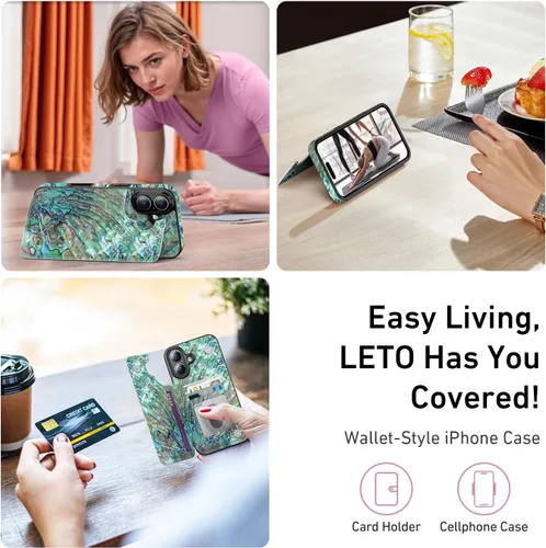 Vista 880 de LETO para iPhone 15 Pro Funda tipo cartera - Tapa tipo folio con patada - Diseños de moda - Tarjetero - Funda protectora para mujeres y niñas - 6.1