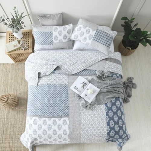 Vista 6 de Finlonte - Juego de edredón de algodón, individual, floral, rural, retazos reales, reversible, ligero y de color azul, gris y blanco para cama