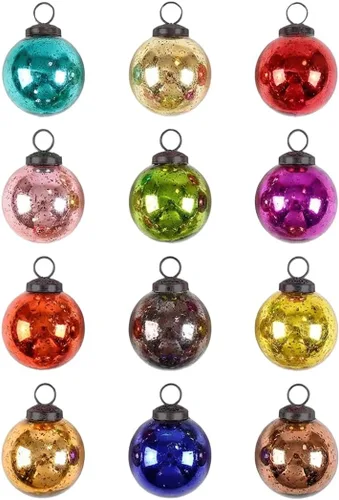 Serene Spaces Living Juego de 12 adornos de cristal de mercurio multicolor, adornos de Navidad vintage, decoraciones navideñas, adornos de árbol de
