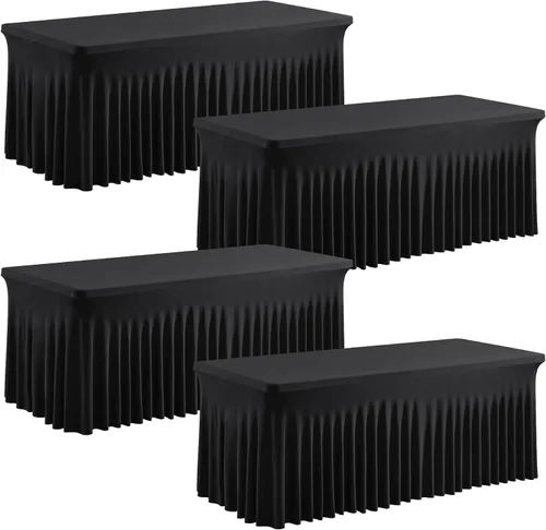 PARTISKY Paquete de 4 manteles rectangulares de elastano negro con falda, mantel elástico de una pieza de 6 pies para bodas, banquetes, fiestas de